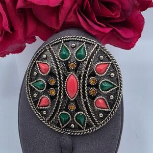 Emmons Vintage Brooch Statement Pin Red Green Crystal Rhinestone Ornate